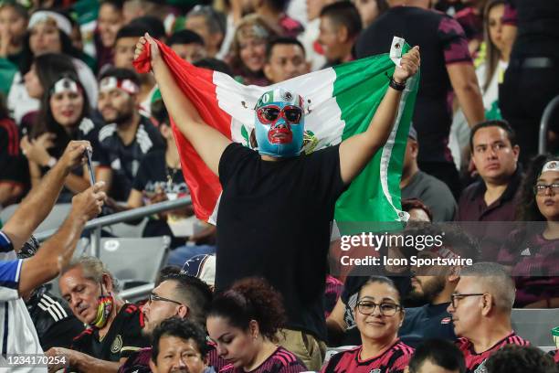 Mexico fan holds a flag during the Concacaf Gold Cup quarterfinal soccer game between Mexico and Honduras on July 24, 2021 at State Farm Stadium in...