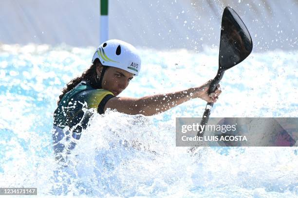 Australia's Jessica Fox competes in the women's kayak heat run during the Tokyo 2020 Olympic Games at Kasai Canoe Slalom Centre in Tokyo on July 25,...