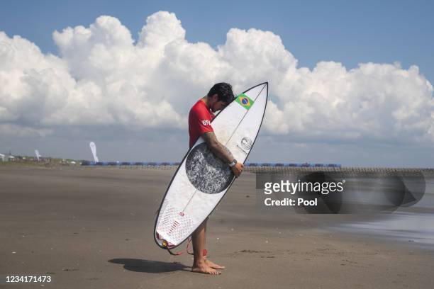Brazil's Gabriel Medina prays befiore his heat during the men's Surfing first round on day two of the Tokyo 2020 Olympic Games at Tsurigasaki Surfing...
