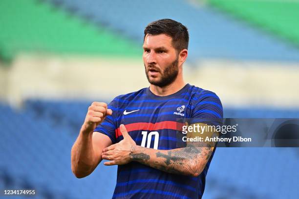 Andre Pierre GIGNAC of France celebrates a goal during the football match in Group A between France and South Africa at Saitama Stadium on July 25,...