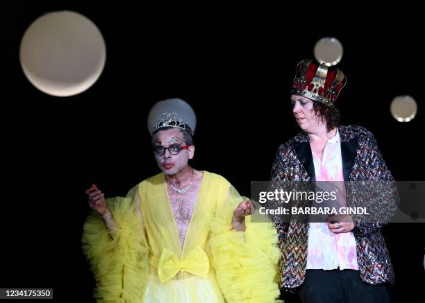 German actress Lina Beckmann and Belgian actor Kristof Van Boven perform during a photo rehearsal of "Richard the Kid & the King on July 24, 2021 in...