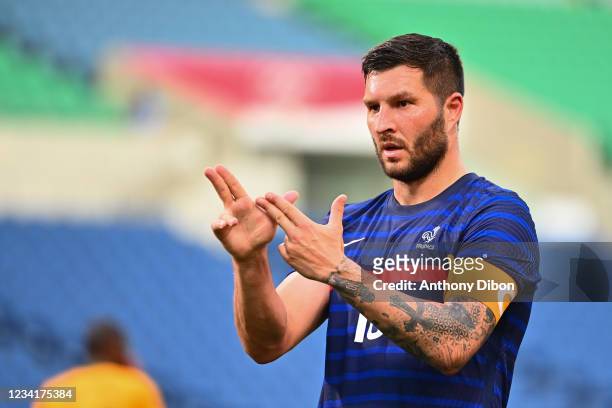 Andre Pierre GIGNAC of France celebrates a goal during the football match in Group A between France and South Africa at Saitama Stadium on July 25,...