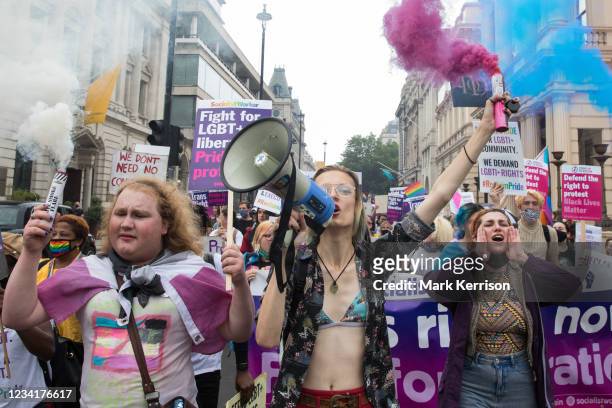 Trans rights campaigners take part in the first-ever Reclaim Pride march on 24th July 2021 in London, United Kingdom. Reclaim Pride replaced the...