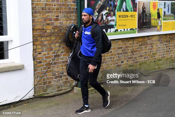 Mohammad Amir of London Spirit arrives at the ground ahead of the Hundred match between London Spirit Men and Oval Invincibles Men at Lord's Cricket...