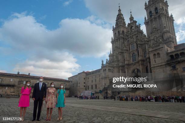 Spain's Crown Princess Leonor, King Felipe VI, Queen Letizia and Princess Sofia arrive to the Cathedral of Santiago de Compostela at Obradoiro Square...
