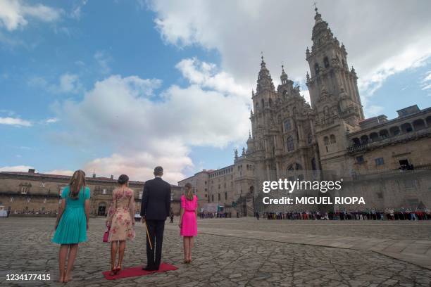 Spain's Princess Sofia, Queen Letizia, King Felipe VI and Crown Princess Leonor arrive to the Cathedral of Santiago de Compostela at Obradoiro Square...