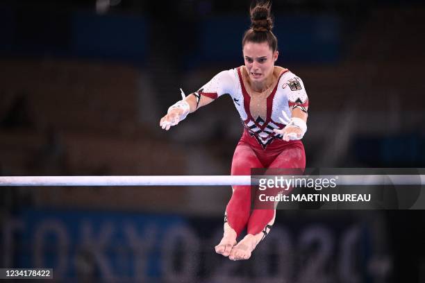 Germany's Sarah Voss competes in the uneven bars event of the artistic gymnastics women's qualification during the Tokyo 2020 Olympic Games at the...