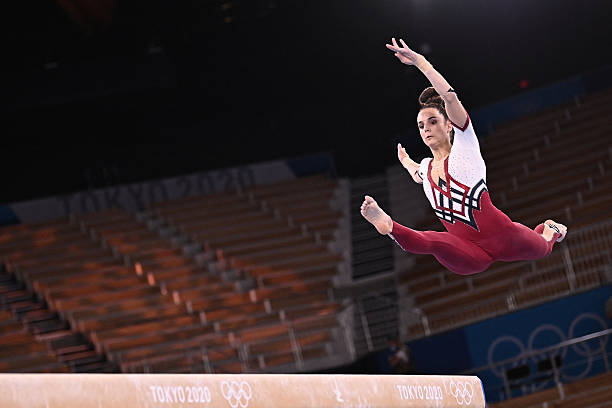 Germany's Pauline Schaefer-Betz competes in the artistic gymnastics balance beam event of the women's qualification during the Tokyo 2020 Olympic...