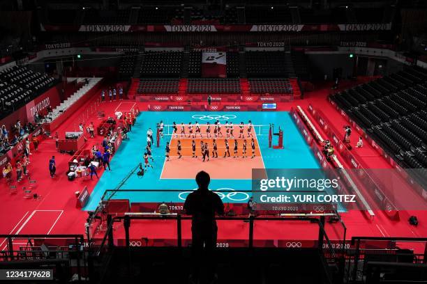 General view shows the women's preliminary round pool A volleyball match between Japan and Kenya during the Tokyo 2020 Olympic Games at Ariake Arena...