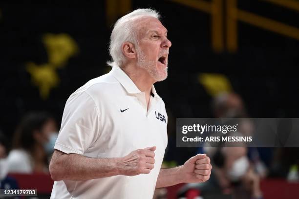 S coah Gregg Popovich shouts from the sideline during the men's preliminary round group A basketball match between France and USA during the Tokyo...