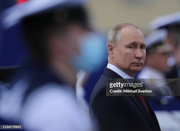 Russian President Vladimir Putin speeches during the military parade marking the Russia's Navy Day, on July 25, 2021 in Saint Petersburg, Russia. The...