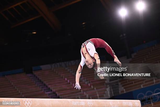 Germany's Kim Bui competes in the artistic gymnastics balance beam event of the women's qualification during the Tokyo 2020 Olympic Games at the...