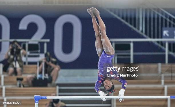 Simone Biles of United States of America during women's qualification for the Artistic Gymnastics final at the Olympics at Ariake Gymnastics Centre,...