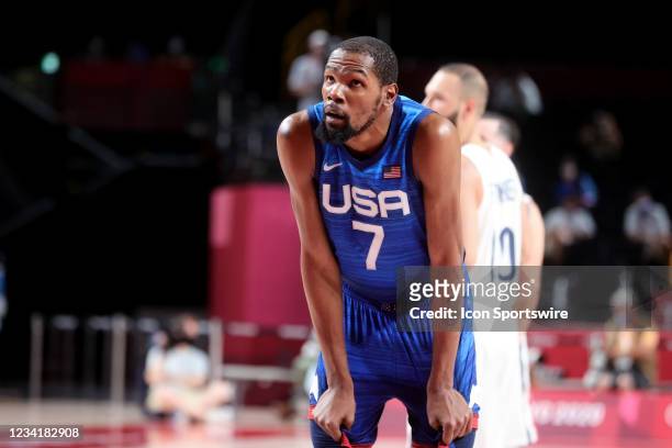 Kevin Durant of Team United States looks on during the Men's Basketball Preliminary Round Group A - Match 4 between France and USA on Day 2 of the...