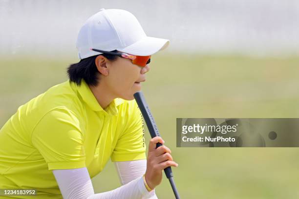 Mi Hyang Lee of Seoul, Republic of Korea lines up her putt on the 18th green during the third round of the Marathon LPGA Classic golf tournament at...
