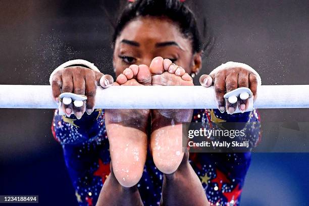 July 24, 2021: USA's Simone Biles competes on the uneven bars in the women's team qualifying at the 2020 Tokyo Olympics.