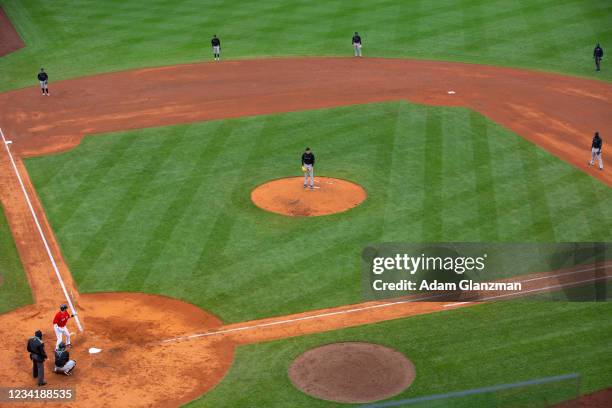 General view showing the infield shift during the game between the Miami Marlins and the Boston Red Sox at Fenway Park on Saturday, May 29, 2021 in...