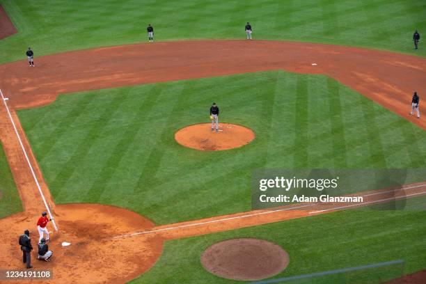 General view showing the infield shift during the game between the Miami Marlins and the Boston Red Sox at Fenway Park on Saturday, May 29, 2021 in...