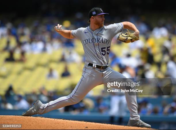 Jon Gray of the Colorado Rockies pitches in the first inning against the Los Angeles Dodgers at Dodger Stadium on July 25, 2021 in Los Angeles,...
