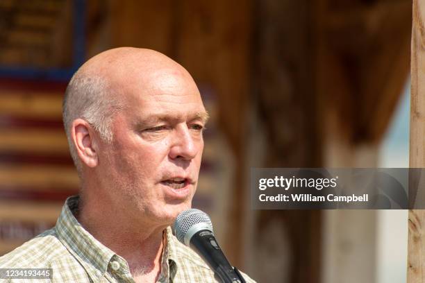 Montana Republican Governor Greg Gianforte speaks at the ceremony to honor the four airman killed in a 1962 B-47 crash at 8,500 feet on Emigrant Peak...