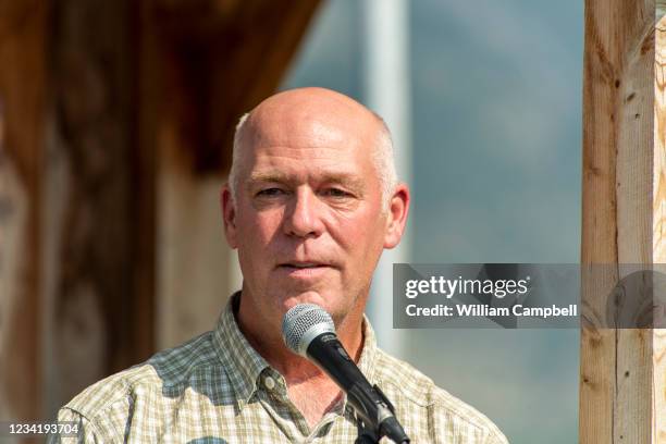 Montana Republican Governor Greg Gianforte speaks at the ceremony to honor the four airman killed in a 1962 B-47 crash at 8,500 feet on Emigrant Peak...