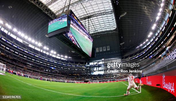 Stephen Eustaquio of Canada makes a corner kick against Costa Rica in the second half of a 2021 CONCACAF Gold Cup Quarterfinals match at AT&T Stadium...