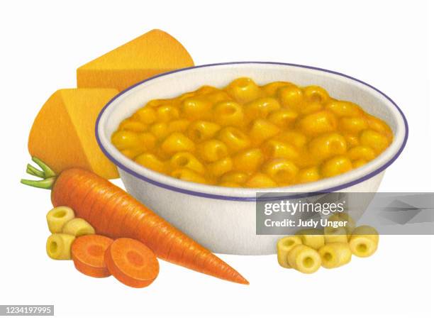 stockillustraties, clipart, cartoons en iconen met cheesy mac and carrots - macaroni en kaas