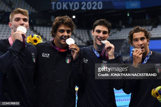 Silver medallists Italy's Alessandro Miressi, Italy's Thomas Ceccon, Italy's Lorenzo Zazzeri and Manuel Frigo pose with their medals after the final...
