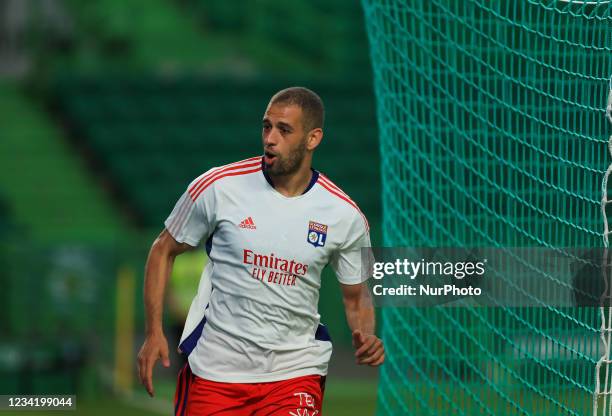 Islam Slimani of Olympique Lyonnais during the Pre-Season Friendly match Cinco Violinos Trophy between Sporting CP and Olympique Lyonnais at Estadio...