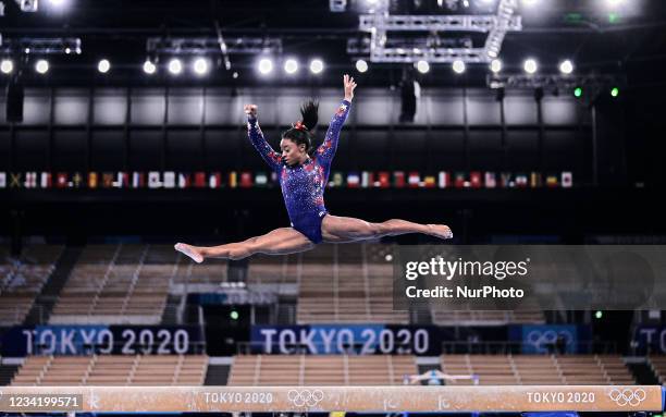 Simone Biles of United States of America during women's qualification for the Artistic Gymnastics final at the Olympics at Ariake Gymnastics Centre,...