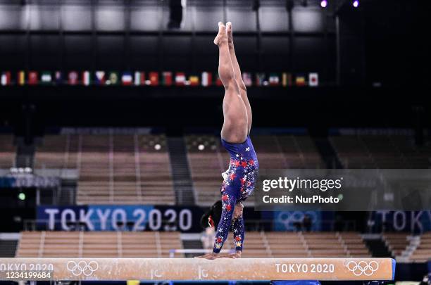 Simone Biles of United States of America during women's qualification for the Artistic Gymnastics final at the Olympics at Ariake Gymnastics Centre,...