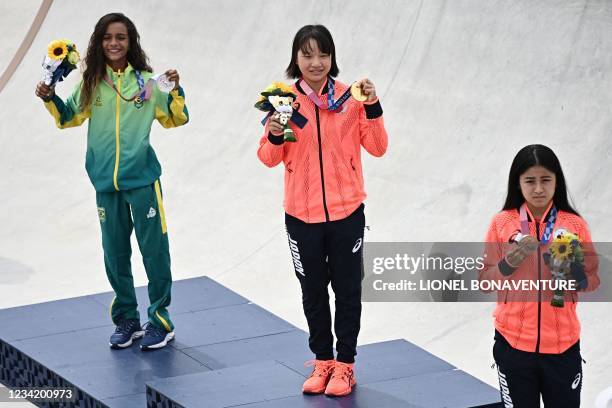 Brazil's Rayssa Leal , Japan's Momiji Nishiya and Japan's Funa Nakayama pose during the medal ceremony of the podium ceremony of the skateboarding...