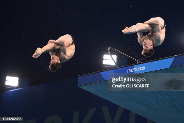 Britain's Thomas Daley and Britain's Matty Lee compete in the men's synchronised 10m platform diving final event during the Tokyo 2020 Olympic Games...