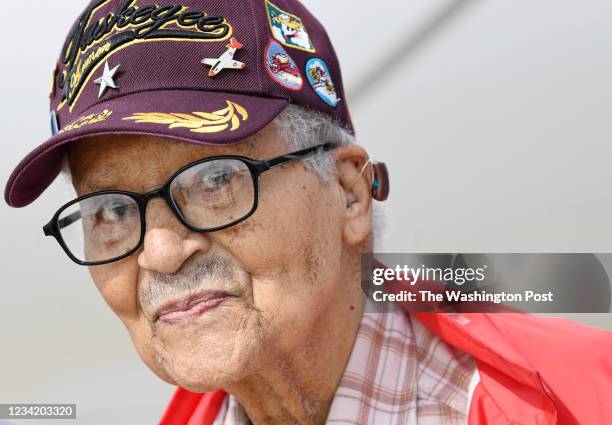 Brigadier General Charles McGee a member of the Tuskegee Airmen is seen before boarding a private plane at Signature Flight Support on Sunday July...