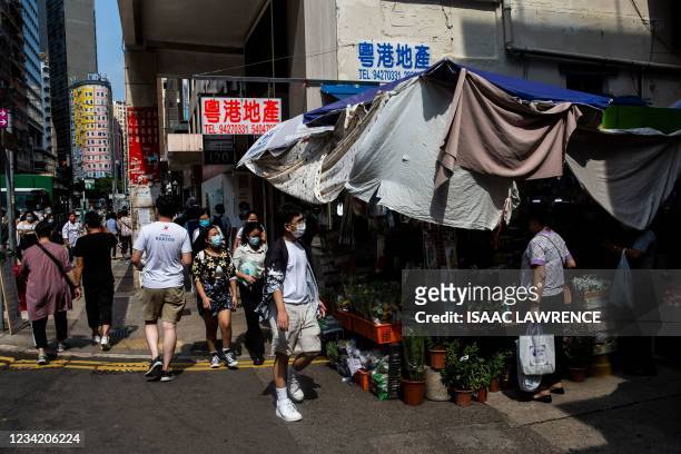 Pedestrians walk past a market in the Wanchai district of Hong Kong on July 26, 2021.