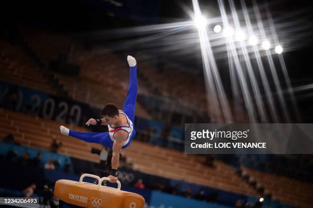 Russia's Nikita Nagornyy competes in the pommel horse event of the artistic gymnastics men's team final during the Tokyo 2020 Olympic Games at the...