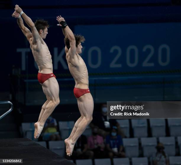 Tokyo, Japan Nathan Zsombor-Murray and Vincent Riendeau compete in Mens 10M platform Synchronised diving finals at Tokyo Aquatic Centre. All part of...