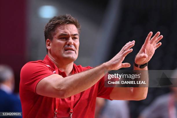 Bahrain's Icelandic coach Aron KristJansson gestures during the men's preliminary round group B handball match between Bahrain and Portugal of the...