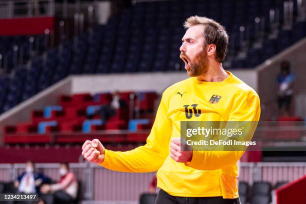 Andreas Wolff of Germany celebrates on day three in the Men's First Round Group A match between Argentina and Germany during the Tokyo 2020 Olympic...