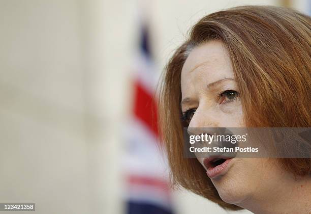 Australian Prime Minister Julia Gillard speaks at a joint press conference with Secretary General of the United Nations Ban Ki-Moon at Parliament...