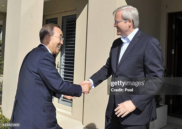 Secretary-General Ban Ki-Moon meets Australian Foreign Minister Kevin Rudd at his home, on September 3, 2011 in Canberra, Australia. The first visit...