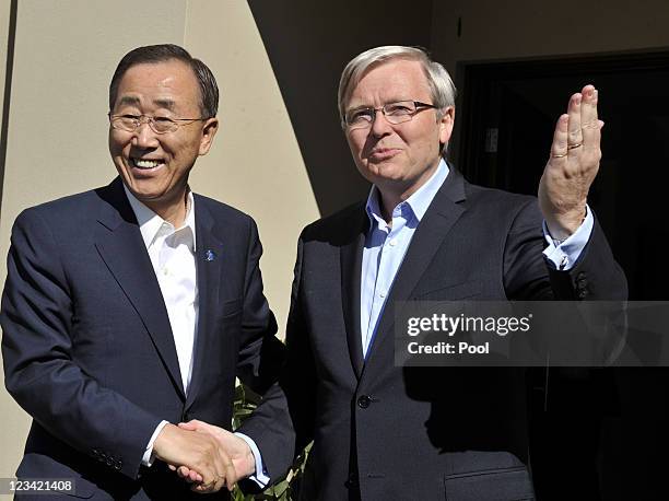 Secretary-General Ban Ki-Moon meets Australian Foreign Minister Kevin Rudd at his home, on September 3, 2011 in Canberra, Australia. The first visit...