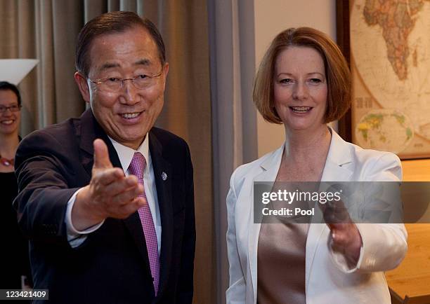 Secretary General Ban Ki-moon chats with Australian Prime Minister Julia Gillard at Parliament House on September 3, 2011 in Canberra, Australia. The...