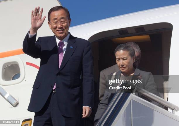 Secretary General Ban Ki-moon and wife, Madame Ban Soon-Taek arrive at Canberra Airport on September 3, 2011 in Canberra, Australia. The first visit...