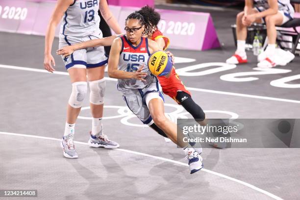 Allisha Gray of the USA Women's National 3x3 Team dribbles during the game against China Women's National 3x3 Teamduring the 2020 Tokyo Olympics on...