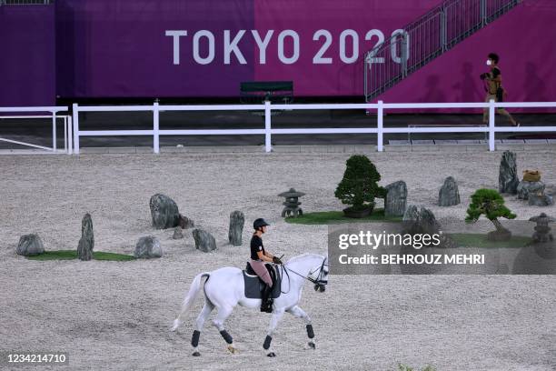 An Australian rider attends an eventing training during the Tokyo 2020 Olympic Games at the Equestrian Park in Tokyo on July 26, 2021.