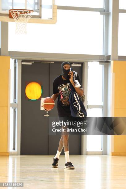 Kevin Durant of the USA Men's National Team arrives to the USA Basketball Men's National Team Practice on July 25, 2021 in Tokyo, Japan. NOTE TO...
