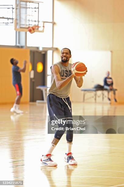 Kevin Durant of the USA Men's National Team shoots the ball during the USA Basketball Men's National Team Practice on July 25, 2021 in Tokyo, Japan....