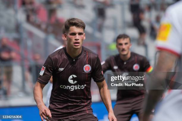 Luca Zander of FC St. Pauli looks on during the Second Bundesliga match between FC St. Pauli and Holstein Kiel at Millerntor-Stadium on July 25, 2021...