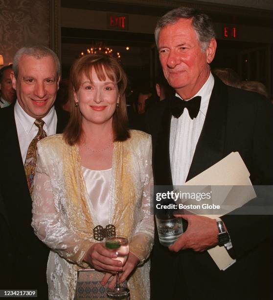 Boston, MA Meryl Streep is shown with American Repertory Theater Director Robert Brustein, right, and ART actor Charles Levin, left, at a party for...